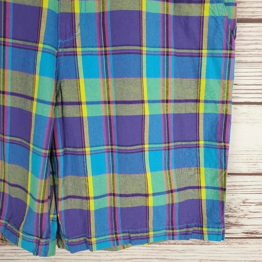 IZOD Mens Size 36x10 Blue/Green/Yellow/Purple Vibrant Plaid Cotton Golf Shorts - Picture 4 of 11